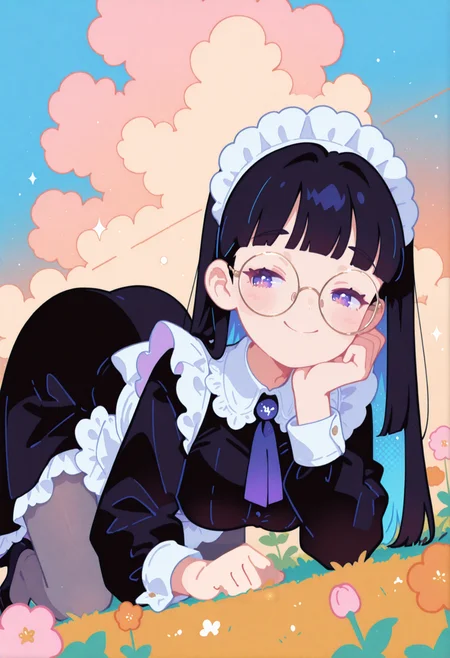 masterpiece, ultra-HD, cinematic lighting, photorealistic, impressionism, high detail,  dramatic lighting, best quality, very aesthetic, 8k,
simple pastel gradient blue  background, thick clouds, , half close-up,
long black hair, straight hair, blunt bangs,
blushing, asian girl, small head, pretty girl, korean girl,
((smiling)), happy ((slim body)), (large breasts),
Dynamic angle, Dynamic pose, portrait, girl,
black maid, pumps, grey tights, in a garden, ultra detailed decorative victorian gossamer clothes,
big rimless round glasses, half closed eyes, looking away, all fours , thick legs,
sunset,
Flatline, Flat vector illustration, haiz_ai, chromatic aberration, purple eyes,
s0wasow4rt_illu, halftone,
<lora:TrendCraft_The_Peoples_Style_Detailer-v1.0A-3_13_2025-illustrious:0.125>
<lora:DetailedEyes_V3:0.85>
<lora:ponyv6_noobE11_2_adamW:0.85> <lora:PetraStyle:0.65>
<lora:flatline:1.65> <lora:sowasowart_style:1>