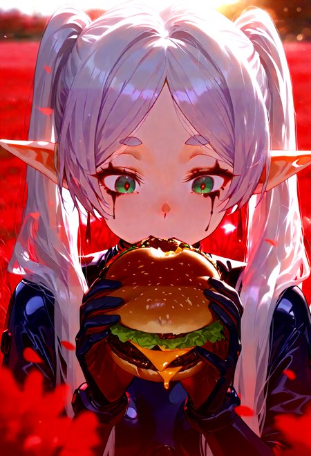 [[[dishwasher1910, artist:onineko]]],[[artist:aki99],[[artist:ke-ta]]],[artist:tokkyu],(backlighting:1.4),
<lora:EtherPDXLStyleXL:0.5>,  frieren, holding food, red theme, black plugsuit, plugsuit, red dangle earrings, holding burger,looking down,  twintails,  drop earrings, straight-on, red hair, short sleeves, closed mouth, falling petals, portrait, glint, red background, diffraction spikes, blurry, green eyes, scabbard, lens flare,  runny makeup,red grass field background, biting, 
masterpiece,, best quality, amazing quality, very aesthetic, absurdres,newest
<lora:nai_ILL:1> <lora:FrierenIllustriousXL_byKonan:0.6>