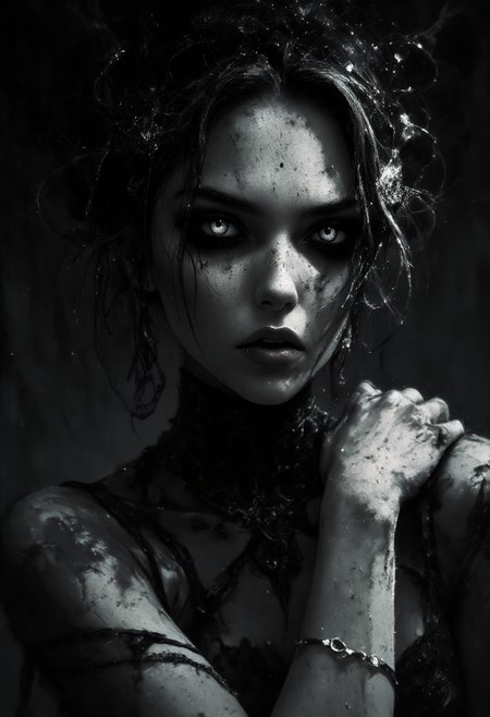 An elegant sorceress in a dramatic, chiaroscuro-style. Her expression is evil and mysterious yet fragile while her eyes seeming to hold untold secrets. Deep shadows obscure her face.