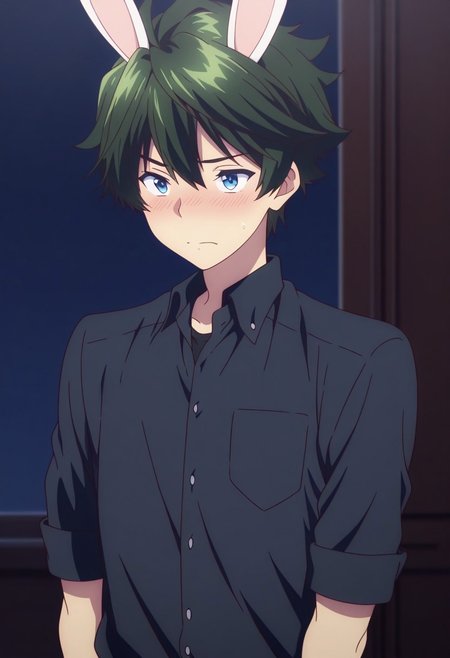 masterpiece,best quality,amazing quality, source_anime, 
HaruhikoIchijo, 1boy, male focus, solo, blue eyes, green hair, shirt, black shirt, collared shirt, rabbir ears, blush,