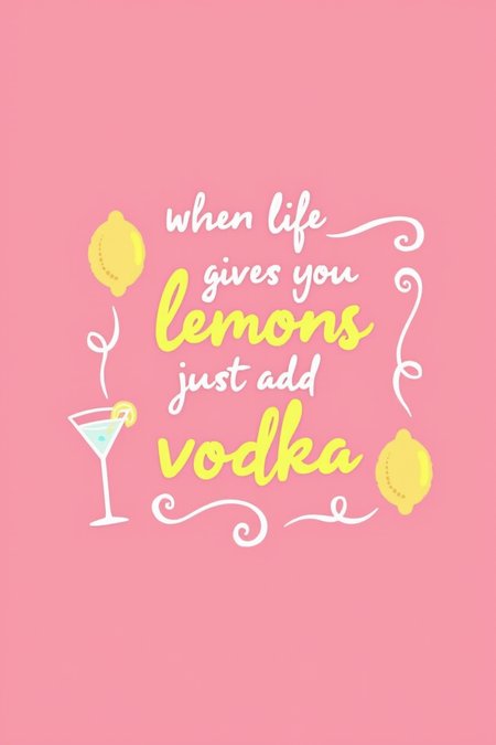poster with a pink background. In the center of the poster, there is a yellow text that reads "When life gives you lemons just add vodka". The text is written in a cursive font and is surrounded by a decorative border. On the left side of the text, there are illustrations of a lemon and a martini glass. The overall design is playful and whimsical.