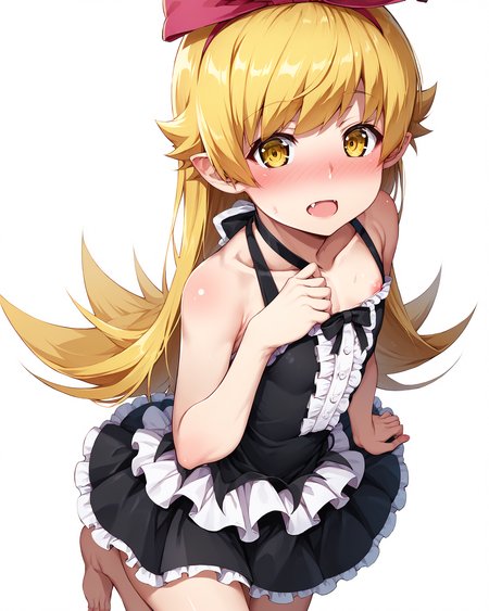 score_9,score_8_up,score_7_up,score_6_up,score_5_up,score_4_up,anime BREAK 1girl,
<lora:shinobu:0.9>,oshino shinobu,long hair,blonde hair,yellow eyes,pointy ears,fang,wide hips,shiny oiled skin,
BREAK (Short girl,dwarf girl,) flat chest,
BREAK nsfw,adult,uncensored,<lora:Expressive_H:0.3>,Expressiveh,
BREAK <lora:TanabeKP:0.7>,TanabeKP,
<lora:gothic dress_XL_V1.0:0.8>,jyojifuku, black dress, frills, hair bow, ribbon,
BREAK full face blush,embarrassed,
girly bedroom, girly aesthetic design,
solo focus,
light on face, depth of field,blurry background,Detailed Background,
BREAK  ((white background,simple background)),
BREAK source_anime,zPDXL,zPDXLxxx,<lora:flat_sdxl:-0.5> <lora:xl_more_art-full_v1:0.5> <lora:add-detail-xl:0.5> <lora:sdxl_lightning_8step:1>
