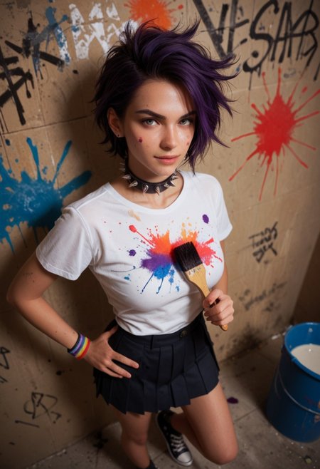 score_9_up, score_8_up, score_7_up, score_6_up, 1girl, 25 years old, perfect face, (adult), sexy, 
dark purple hair, spiked hair, ear piercing, spiked collar, 
paint splatter on face, 
white t-shirt, wristband,
yellow sweater around waist,
black skirt, pleated skirt, button badge,
converse, legs to
holding brush,
hand on own hip,
bucket, brush, paint splatter, brush stroke, inkblot, paint stains, graffiti, colorful, 
dutch angle, from above, foreshortening,