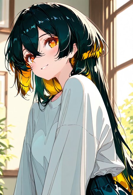 masterpiece, ultra-HD, very aesthetic, 8K, high detail, depth of field, score_9, score_8_up, 
BREAK
1girl, solo, ((slightly short side hair)), (reverse mullet:1.3), hair covering the gap between the eyes, black hair, Amber eyes, Amber inner hair, light Amber color eye makeup, (medium-length back hair), layered straight hair, airy bangs, ((side hair framing the face)), parted bangs, 
BREAK
Portrait, full face blushing, shy, smile, romantic feel, 
BREAK
<lora:Black_Wolf-Cut_Girl_with_Orange_Inner_Layers:1>,