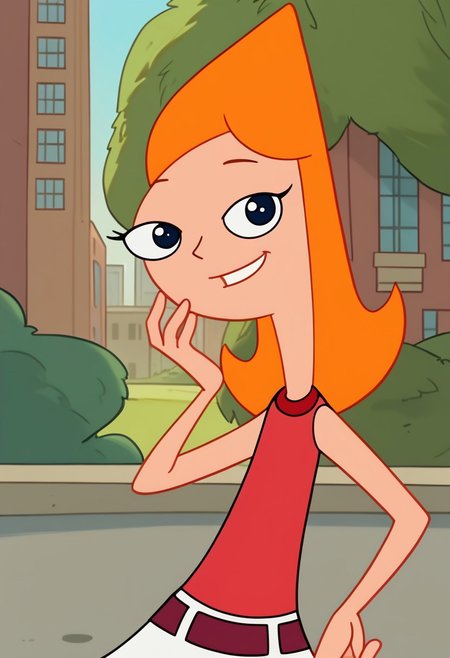 score_9, score_8_up, score_7_up BREAK CandacePF, 1girl, long orange hair, dark blue eyes, red tank top, red belt, white skirt, red ankle socks, white flat mary-jane shoes, cartoon, source_cartoon, smiling at viewer, full body,, city background, city outdoors,