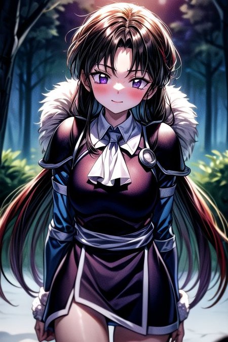 masterpiece,  best quality 1girl Setsun4 solo long hair,  (night time) forest background black hair very long hair purple eyes multicolored hair armor (fur trim) (medium body),<lora:EMS-179-EMS:0.800000>,<lora:EMS-293862-EMS:0.800000> bow, hair_bow, hair_tubes, red_bow, brown_hair, long_hair, bangs, ascot, frilled_bow, yellow_ascot, blush, smile, hair_between_eyes, athletic, armor, miko