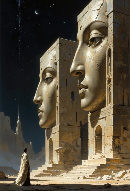 A high-quality, zoomed out, panoramic, atmospheric Sci-fi painting featuring two colossal, rectangular, monolithic ancient stone statues of serene faces under a starry night sky, placed next to each other in a row. The statues, with cracked, weathered textures, dominate the biggest part of the image enhancing the epic scale of those sky high structures. A small figure, robed in flowing garment  stands in awe in front of them. The lighting is dramatic, highlighting the statues' features. The overall aesthetic quality is very high, blending realism with fantasy. The lighting is dramatic enhancing the enigmatic scene and the eerie in mysterious haze drenched atmosphere. Ivory, grey and light brown hues. Finest details, ultimate detail level, masterpiece, highly artistic, best composition.