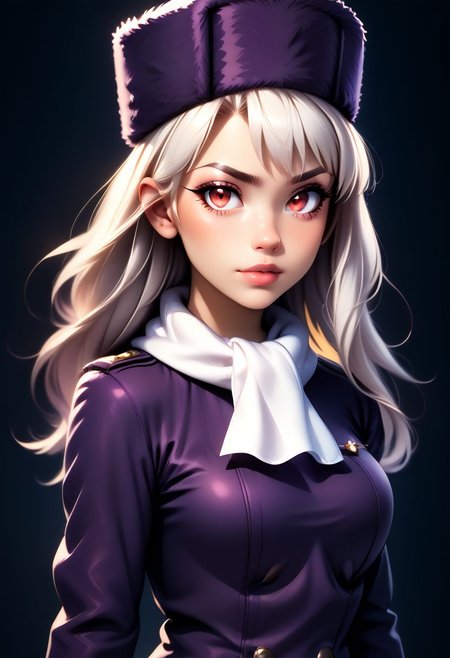 score_9, score_8_up, score_7_up, score_6_up, score_5_up, score_4_up score_9,score_8_up, digital art, upper body shot, realistic 3D illustration, 
BREAK,
zzIllya, red eyes, white hair,
papakha, purple headwear, white scarf, 
BREAK, 
subsurface scattering, soft lighting, contemplative expression, dark background, subtle makeup, high-resolution, detailed texture, emotional depth, dramatic mood, side profile, serene atmosphere, cinematic lighting. perfectly round breasts, big breasts, firm breasts, SkinHairDetail, eye contact
