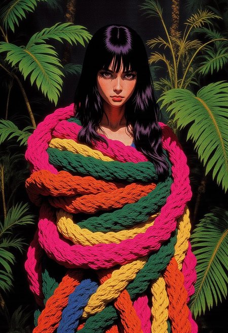This is a high-resolution photograph featuring a young woman with long, dark hair and bangs, partially obscured by massive, intricately crafted ropes made entirely from colorful yarn. The ropes are wrapped around her, coiling and intertwining with her body, creating a striking visual contrast. The ropes' fibers are meticulously crafted in various shades of pink, green, yellow, orange, and blue, with intricate textures that enhance their organic, tactile appearance.
The woman's face is visible, and she has a serious expression, her eyes slightly narrowed as she gazes directly at the camera. Her skin tone appears light, and she is wearing a bright, vibrant, and textured garment that complements the colors of the yarn ropes. The background is lush and tropical, filled with large, green banana leaves and other dense foliage, suggesting a humid, natural environment. The overall composition of the image is rich and vivid, blending the organic textures of the yarn ropes with the natural environment to create a surreal, almost dreamlike atmosphere. The photograph likely aims to explore themes of nature, fantasy, and human connection with the natural world.