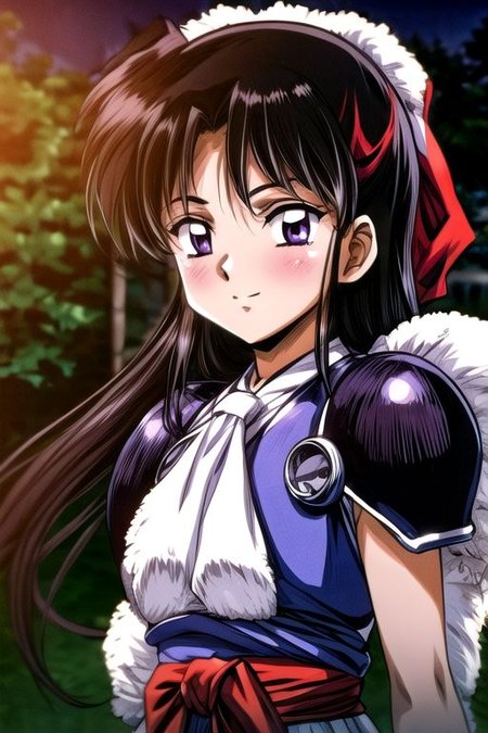 best quality 1girl Setsun4 solo long hair,  (night time) forest background black hair very long hair purple eyes multicolored hair armor, small, (fur trim) (medium body),<lora:EMS-179-EMS:0.800000>,<lora:EMS-293862-EMS:0.800000> bow, hair_bow, hair_tubes, red_bow, brown_hair, long_hair, bangs, ascot, frilled_bow, yellow_ascot, blush, smile, hair_between_eyes, athletic, armor, miko, strengthmda,  Smiling, happy, dragoon helmet