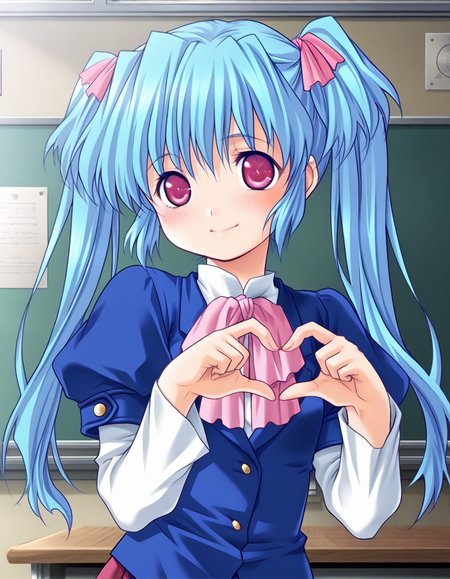 masterpiece, best quality, amazing quality, very aesthetic, official art, absurdres, ultra detailed, game cg, 
1girl, solo, kondou_yuria(innyuu), twintails, blue hair, long hair, hair ribbon BREAK 
blue school uniform, puffy detached sleeves, pink bow, red skirt, 
blush, smile, looking at viewer,
standing, heart hands,
in classroom, front view, sharp focus, depth of field, highly detailed <lora:kondou yuria v1.0-000018:1>