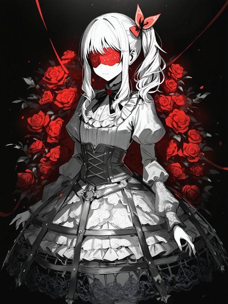 masterpiece, best quality, Good quality, very aesthetic, absurdres, newest, akiyama mizuki, 1other, Extremely detailed lace blindfold, crinoline, dress, flower, frilled dress, frills, juliet sleeves, keikyoku no machi wa doko e (project sekai), long hair, long sidelocks, long sleeves, other focus, puffy sleeves, red ribbon, ribbon, rose, side ponytail, sidelocks, solo, spot color, standing <lora:ponyv4_noob1_2_adamW-000017:0.7> <lora:USNR_STYLE_XL_lokr:0.45>