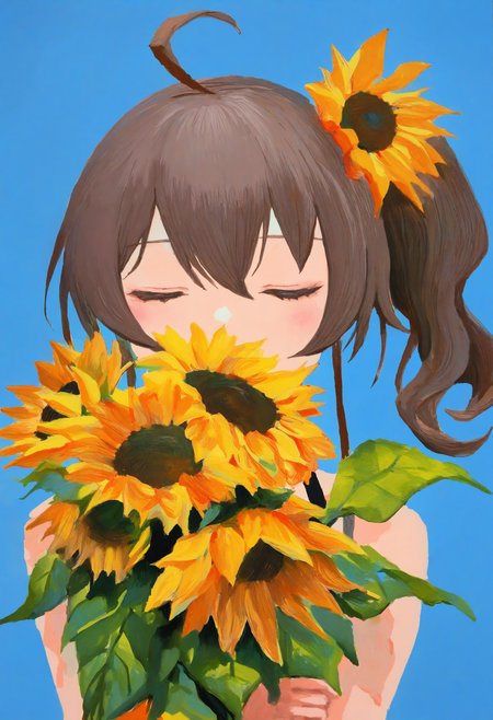 painterly, natsuiro matsuri, artist:[van gogh|reddizen|yoneyama mai|cursedweeboo|daodtt|diao \(nrays\)|ravine bells|svveetberry],
sunflower, 1girl, solo,  holding bouquet, portrait, brown hair, side ponytail, closed eyes, plant, yellow flower, blue background, leaf, traditional media, orange flower, 
impasto, brushstroke, impressionism, chiaroscuro, oil painting \(medium\), newest, absurdres, masterpiece, very aesthetic