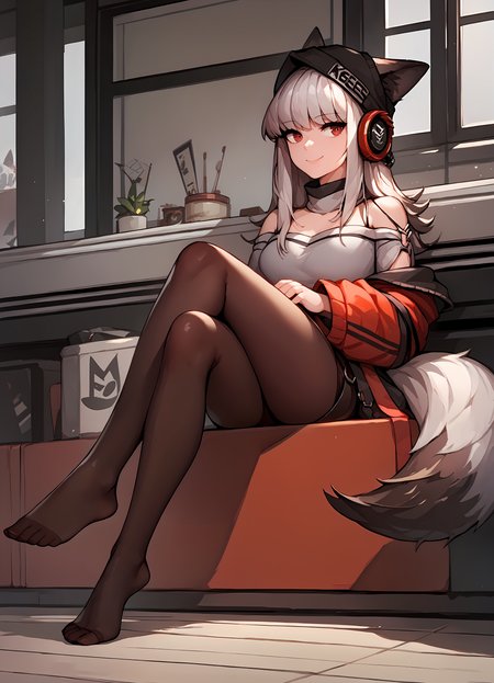 (score_9, score_8_up, score_7_up), 1girl, frostleaf, red headphones, beanie, off shoulder, brown pantyhose, fox tail, sitting, crossed legs, listening to music, smile, closed mouth, no shoes, <lora:frostleaf-akPO-v1c:0.9>