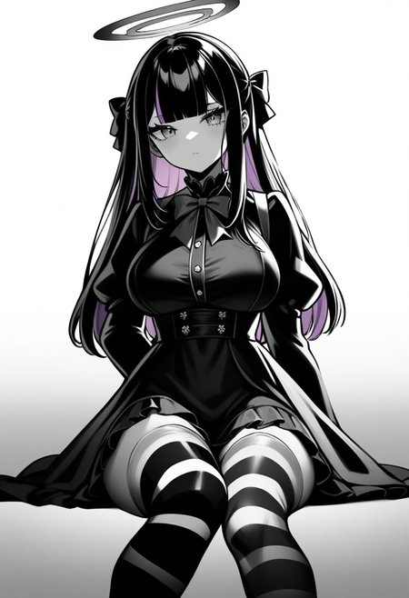 (masterpiece), (best quality), (ultra-detailed),
1girl, solo, long hair, breasts, looking at viewer, bangs, large breasts, shirt, black hair, thighhighs, long sleeves, dress, bow, ribbon, sitting, closed mouth, pink hair, purple hair, hair bow, multicolored hair, frills, wings, striped, puffy sleeves, artist name, blunt bangs, black dress, two-tone hair, torn clothes, halo, blue bow, juliet sleeves, striped thighhighs, colored inner hair
shadow,monochrome