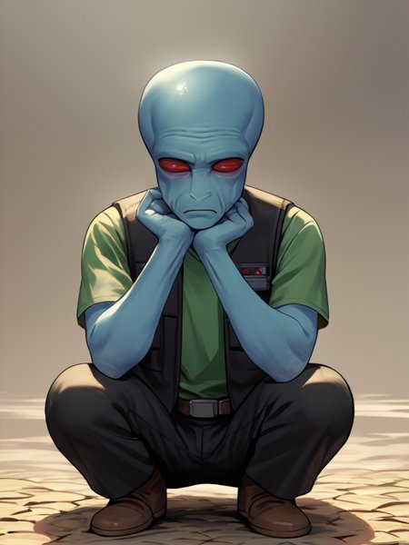 score_7_up, score_8_up, score_9, masterpiece, (1boy, solo,)perfect face, perfect hands, high quality, source_anime, cowboy shot, <lora:Duros_-_Star_Wars:1> duros, 1boy, colored skin, alien, red eyes, blue skin, bald, squatting, black vest, green undershirt, black pants, utility belt,