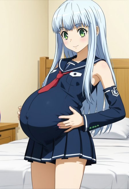 best quality, masterpiece, 4k, perfect lighting, very aesthetic, anime, anime coloring, official art, (anime screencap:1.5), (bedroom:1.5), happy, smile, (hands on belly:1.5)
(large pregnant belly:1.1), 
ng_deepnegative_v1_75t,
<lora:iona.pony:1.5>, iona, small chest, detached sleeves, armpit, (blue school uniform:1.1), blue clothes
 (volup girl:1.5),
(covered belly:1.5), (pregnancy clothes:1.5)