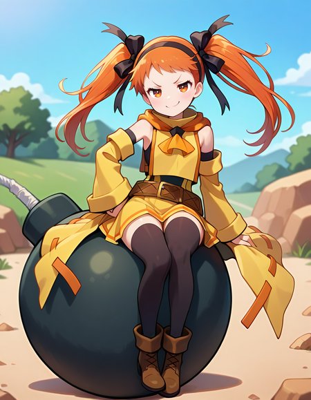 <lora:DHERivieralyuri_SDXL_Illustrious01_fp16_ver02:1>,DHERivieralyuri, 1girl, twintails, orange eyes, orange hair, hairband, hair ribbon, detached sleeves, dress,skirt, belt, black thighhighs, ankle boots,bomb,smug, masterpiece, best quality, very aesthetic, absurdres,<lora:detailed_hands:1>,hand