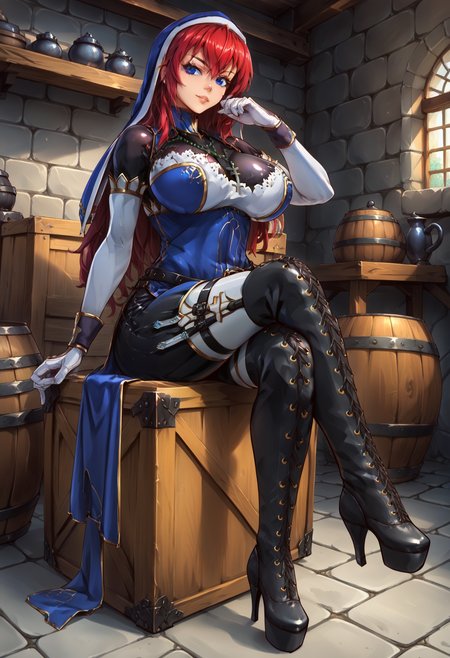 score_9, score_8_up, score_7_up, score_6_up, score_5_up, score_4_up, source_anime,  BREAK
sitting on a barrel in a tavern, 1girl,battleNun, cross necklace, habit, red hair, blue eyes, <lora:battleNunPony:1>, large breasts, crossed legs, full body, ,