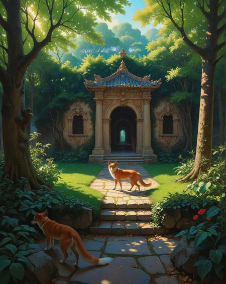 Renaissance style, Baroque, anime artwork Frederic Edwin Church (luminism), Beech hedge maze with gravel paths, nightingale song in thicket, roman bathhouse hypocaust,red fox teaching cubs.,
<lora:Wild_Anime_2025:0.7>,
<lora:风格:0.7> style10,
<lora:extremely_detailed:0.7> extremely detailed ,
<lora:aidmaImageUpgraderSDXL-v0.3:0.5> aidmaImageUpgrader,
<lora:add-detail-xl:0.7>,
<lora:HyperdetailedColoredPencilIl:0.3>  ArsMJStyle, Colored pencil hyperdetailed realism, . anime style, key visual, vibrant, studio anime,  highly detailed, Fantasy painting art style, imaginative, dynamic composition, professional-grade execution, creates immersive world and landscape, painterly, epic, magical, dramatic, exuberant, grandeur, baroque art, oil painting art style from Renaissance period, masterful composition, Renaissance mood, renaissance oil painting, brush strokes, Realistic, perspective, light and shadow, religious or mythological themes, highly detailed