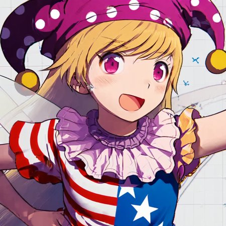 clownpiece 1girl, solo, long hair, blush, smile, open mouth, bangs, blonde hair, hat, hair between eyes, upper body, short sleeves, wings, striped, pink eyes, star (symbol), arm up, polka dot, fairy wings, star print, purple headwear, jester cap, american flag dress, neck ruff, clownpiece  <lora:Gumi-000064:1>