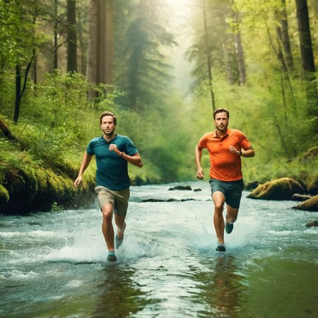 Advertising poster style,  <lora:Advertising:1.5>
A creative photo of  two people running through a river in the woods advertising style, Professional, modern, product-focused, commercial, eye-catching, highly detailed