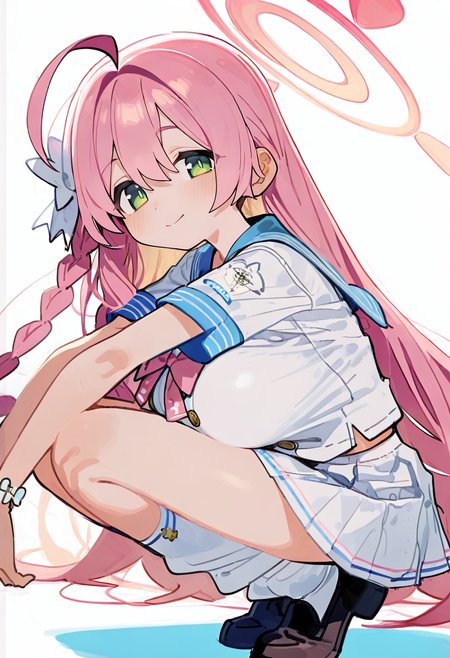 1girl, solo, halo, green eyes, long hair, pink hair, skirt, breasts, squatting, smile, braid, looking at viewer, ahoge, white background, white skirt, large breasts, simple background, school uniform, pleated skirt, short sleeves, sailor collar, blush, socks, serafuku, bow, hair bow, blue sailor collar, from side, bangs, white bow, shoes, closed mouth, hair between eyes, white shirt, shirt, white socks, very long hair <lora:n_XL_NBVP1_lokr_V6311P:0.95>