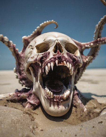 a skull, in the deep of sea, tentacles inside the skull, opened mouth, screaming, corrupted, cracks on skull, cinematic photography, standing on sand on deep of see, tentacles inside the eyes, depth of field,