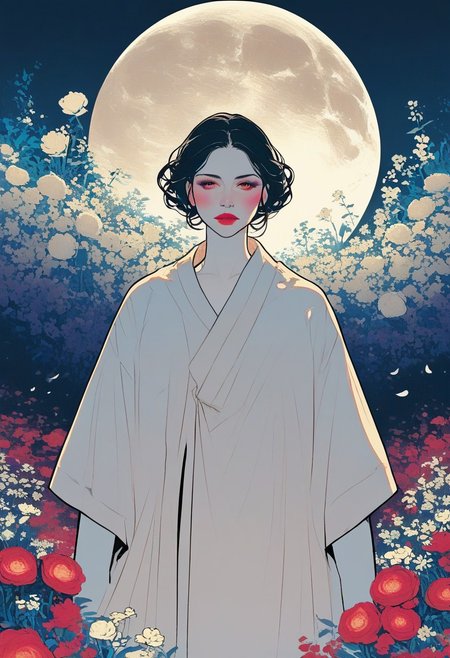 zPDXL3, 1woman, robe, moon, flowers, white skin, highly detailed,   high resolution, best quality, sharp quality,  clear quality, High-definition, smooth image, bright colors, vibrant colors, clean lines,