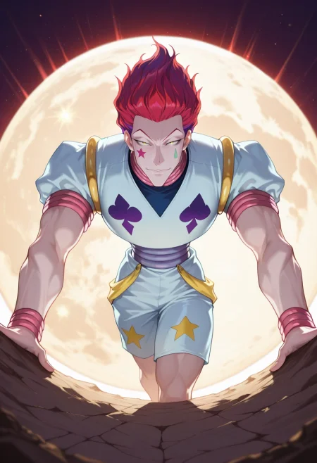 masterpiece, best quality, intricate details, , looking at viewer, 1boy, solo, male focus, <lora:hisoka_morow_ilxl:0.96>, hisoka_morow, red hair, yellow eyes, facial mark, star \(symbol\), lunar outpost, moon domes, starlight labs, crater paths, exploring pose, determined expression, low gravity, bermuda shorts,