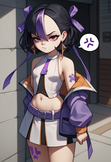 score_9, score_8_up, score_7_up, source_anime BREAK 1girl, solo, standing, <lora:syuen-nikke-richy-v1_pdxl:1> syuen, purple eyes, black hair, streaked hair, short hair, bangs, hair ribbon, earrings, purple jacket, necktie, detached sleeves, sleeveless, crop top, navel, midriff, skirt, belt, leg tattoo, long legs, standing, anger vein, pout, spoken anger vein
