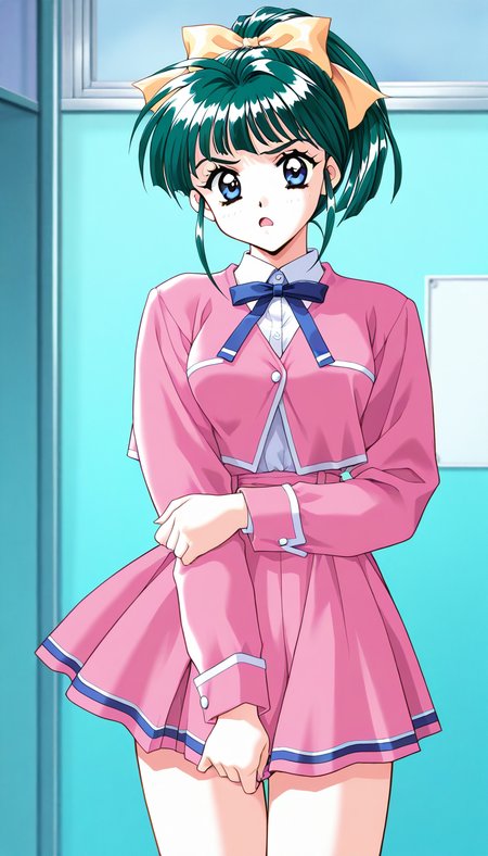 masterpiece, best quality, good quality, <lora:IijimaMiyuki_IS:1>IijimaMiyuki, 1girl, solo, green hair, short hair, ponytail, blue eyes, Yellow bow, hair bow, bangs, breasts,1990s (style),kadoi aya style, 
pink skirt, blue lin in skirt, BREAK,
school uniform, blue ribbon, frown, open mouth, ribbon, long sleeves, pink jacket, looking at viewer, shirt,
standing, cowboy_Shot,
crass room,
