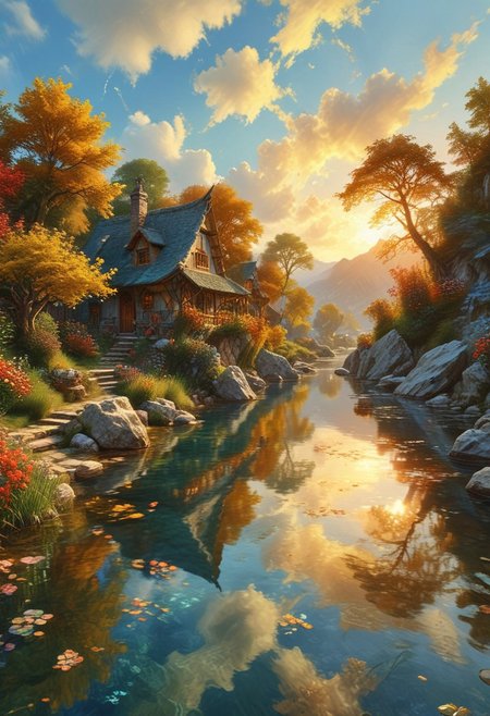 Elves homes from Lord of the rings book, cozy, warm, magical, alluring, hazel-eyes, bright, OverallDetail, Magical beautiful background, fantasy, wild, hyper-detailed hyper-maximalist, dynamic. A crystal-clear river meanders lazily through the valley, its sparkling waters reflecting the blue sky above. The horizon is dotted with puffy white clouds, casting soft shadows across the landscape. The air is filled with the sweet scent of flowers and the song of birds, creating a harmonious symphony of nature. A warm golden glow bathes the entire scene, painting everything in warm hues, as the setting sun slowly dips below the horizon, signalling the end of another day in this idyllic natural landscape.