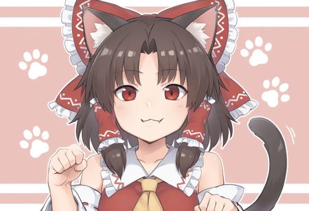 best quality, hires,
looking at viewer,
1girl, solo, hakurei reimu, parted bangs,
kemonomimi kode, cat ears, cat tail,
paw pose, fangs, :3,