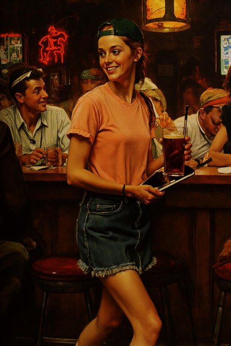 normanrockwell1 painting. 
The air buzzes with the energy of a busy bar, a mix of music, conversation, and the clinking of glasses. A barmaid, the embodiment of youthful vibrancy, navigates the lively scene. She wears a peach-coloured T-shirt, the soft fabric contrasting with the smooth, cold glass of coke she carries on a small tablet. Her short skirt adds a playful touch, and a backwards baseball cap hints at a carefree attitude. The setting and atmosphere are palpable: the warm, slightly sticky surface of the bar counter under her fingertips, the dim, colourful lighting that casts playful shadows. Sensory details are abundant: the condensation forming on the glass of coke, the texture of her denim skirt, and the way the bar lights catch the highlights in her hair. Her confident stride, her quick smile, and her efficient movements. Stylistically, the image draws inspiration from the vibrant, candid shots of nightlife photographers, with a touch of the stylized realism found in contemporary illustration. There's a deliberate contrast between the barmaid's youthful energy and the slightly worn, lived-in atmosphere of the bar, creating a dynamic and engaging image.
 <lora:normanrockwell1_cap_d6a3e12:1.0><lora:841460728671218473:0>