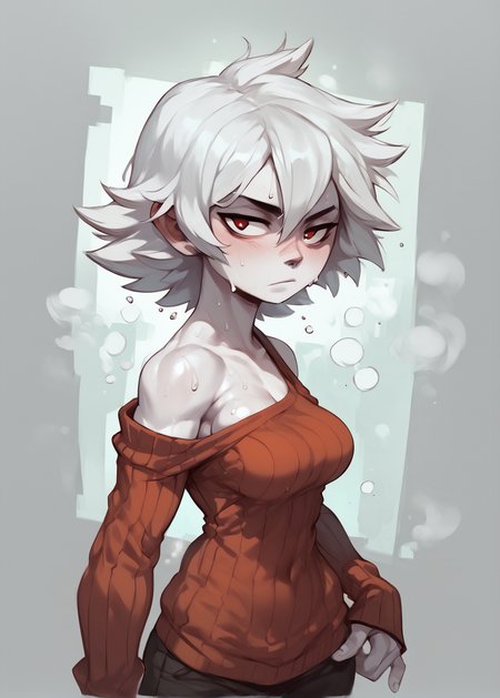 white skins, spiky red short tomboy hair, neutral expression, tight sweater, <lora:NAHIRI:1> nahiri, 1girl, solo, short hair, breasts, bare shoulders, white hair, colored skin, side boob, sweaty, underbob  <lora:Huffslove_Style_PonyXL:1> shortstack,, source_anime, score_9_up,  score_7_up, score_8_up