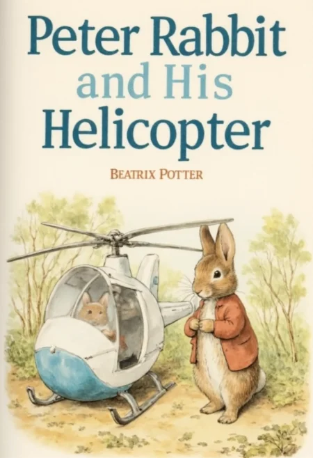 Book cover. Title of book in big letters says - "Peter Rabbit and His Helicopter".  The book cover shows  sole male rabbit near helicopter. Author - "Beatrix Potter". BPStyle, drawing.,  <lora:Beatrix_Potter_drawing_style_for_FLUX:1>