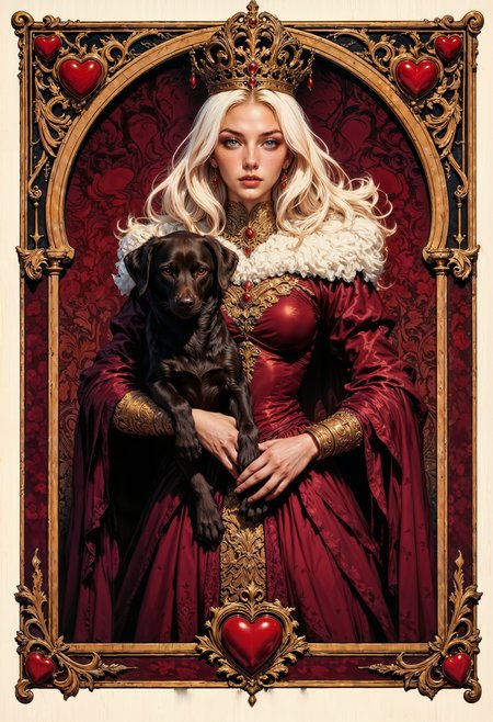 A queen of hearts card, where the style is dark Burgundy Budouir. The queen is blonde, with dark lipstick. A dark brown labrador is also present in the card. The labrador is cute. The woman is pretty and proud. The hearts are burgundy, not red. The rest of the card deck is shown in a pattern in the queens burgundy and gold dress. <lora:FluxMythG0thicL1nes:0.6> <lora:FluxMythR3alisticF:0.5> <lora:FluxMythR3tr0Style:0.6> <lora:OB半写实肖像画V2.0:0.6>