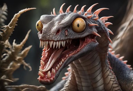 masterpiece, best quality, awsome details, smal fragile monster, skin like a snake, no nose, 3 tongues, 3 eyes, shapre long stick out teeth