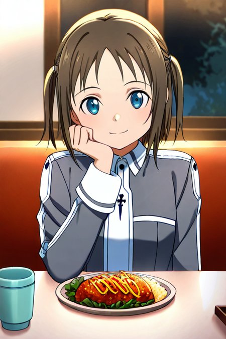 masterpiece, High quality, Ultra detailed, 2d, newest, absurdres, highres, BREAK
1girl, solo, <lora:ronye_arabel:0.8>, ronye_arabel_(sword_art_online), short hair, brown hair, two side up, blue eyes, 
ronyeDef, long sleeves, school uniform, grey jacket, necktie, grey skirt, pleated skirt, zettai ryouiki, black thighhighs, 
pov across table, pov dating, restaurant, table, meal, care, cup, head rest, smile, elbow on table, food, elbow rest,