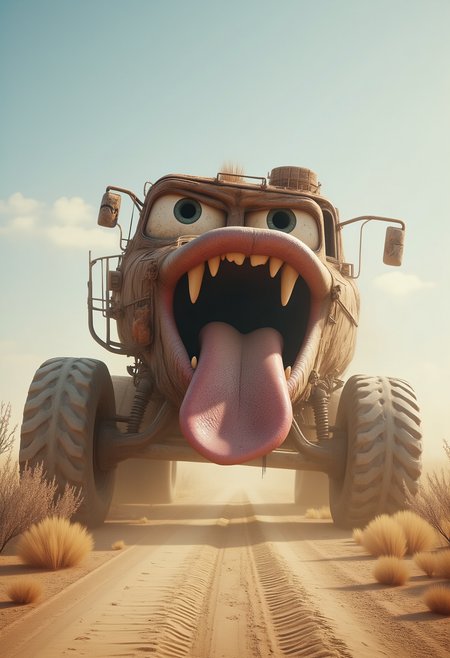 an exaggerated large tongue with wheels on a dusty country road in the dessert <lora:Dever_Flux_Enhancer:1>