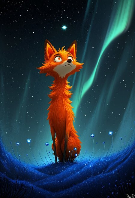 thin elongated fox, disproportionately massive head, balanced atop shattered planet fragment, drifting through cosmos, glowing blue cornflowers sprouting from celestial debris, bristly orange fur illuminated by distant stars, deep twilight space background, aurora-like wisps, huge haunting amber eyes containing entire solar systems, digital painting, dramatic brushstrokes, Tim Burton inspired, dark whimsical art style, fantasy illustration, surreal, cosmic, ethereal, detailed fur texture, dramatic lighting, starlight reflections, fantastical, dreamlike quality, otherworldly, high detail, vibrant colors