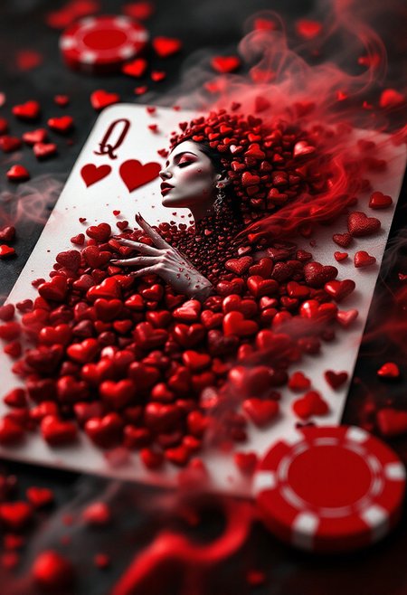 Create a hyperdetailed photorealistic macro image of a queen of hearts playing card lying on a card table. The queen is composed entirely of multiple tiny hearts. She looks contemporary, beautiful, and modern. She is portrayed as a temptress in a red silk dress surrounded by smokey red hearts and beckoning the viewer to enter the card with her  finger emerging from the card in 3D along with red smoke. Add a red poker chip to the table.