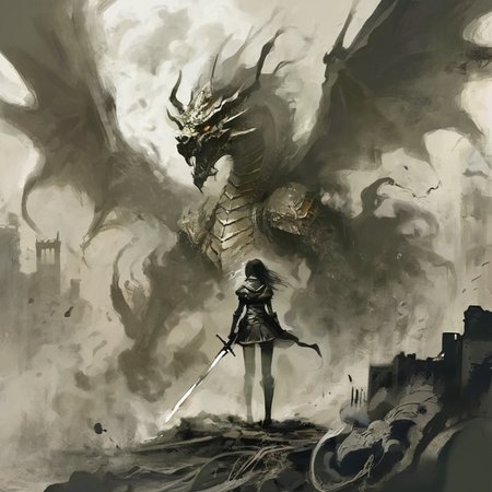 artmix06 knight girl with a sword in the background big dragon, smoke ruins and smoke, very detailed<lora:artmix06:1>