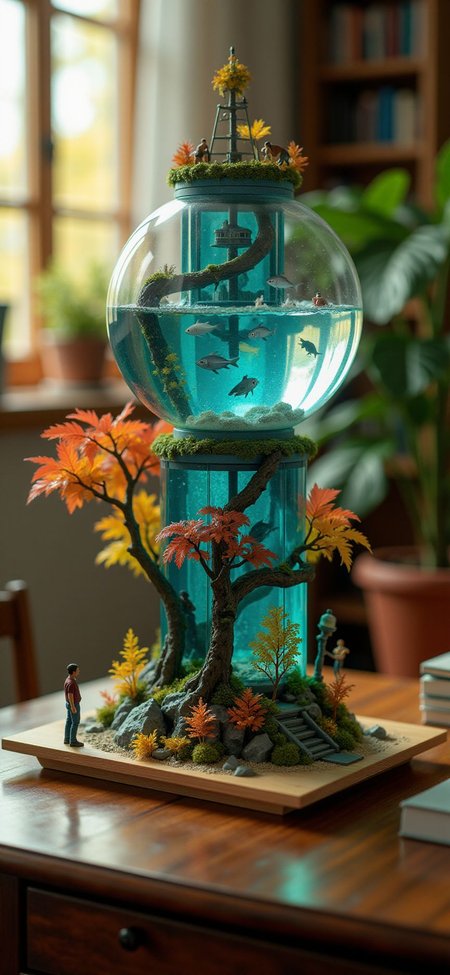 (indoors,indoor,isometric view,side view,tilt-shift lens:2), (fna_style,miniature,miniature,diorama,miniature,diorama,PVC,plastic:2),sunset,autumn giant (multi layers of aquarium with sea fishes observation tower   sphere vertical:2.5)  is located center, people are climbing with ropes, (in wooden square plate:3) (on table at study:3) <lora:Fantasy_Novel_Art_Style:1> <lora:Rostpunk:0.3>