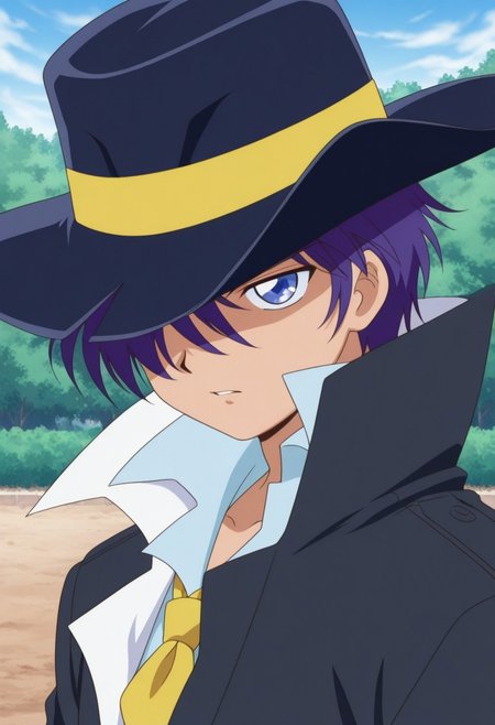 masterpiece,best quality,amazing quality, source_anime, retro artstyle,
sheido, 1boy, male focus, solo, blue eyes, purple hair, hat, black headwear, shirt, blue shirt, popped collar, necktie, yellow necktie, coat, black coat, hair over one eye, portrait,
outdoor,