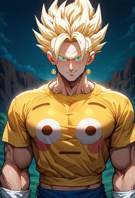 masterpiece, best quality, newest, night, outdoors, closed mouth, 1boy, solo, looking at viewer, smile, <lora:Flushed Face Emoji Shirt:1> yellow shirt, print shirt, t-shirt, emoji, large pectorals, looking at viewer, midriff, crop top,
vegetto, green eyes, spiked hair, blonde hair, white gloves, muscular male, super saiyan, potara earrings, green earrings,
