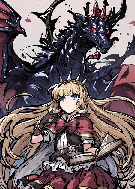 1girl,
cagliostro \(granblue fantasy\),
tokiame,
ink, dress, black gloves, red skirt, partially fingerless gloves, shirt, white shirt, solo, book, frilled gloves, red bowtie, blonde hair, gem, bowtie, long hair, red bow, bow, very long hair, blue eyes, elbow gloves, frills, black dress, dragon, looking up, cape, bracer, red cape, wrist cuffs, crown, gloves, skirt,
masterpiece, newest, absurdres, safe
<lora:a31_style_tokiame_v2:1>  ,