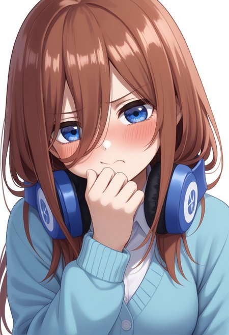 1girl, nakano miku, Go-Toubun no Hanayome, headphones around neck, puffing cheeks, angry expression, slightly blushing, embarrassed look, headphones, solo, pout, hair between eyes, blue eyes, blue cardigan, long hair, :t, brown hair, blush, shirt, white shirt, simple background, cardigan