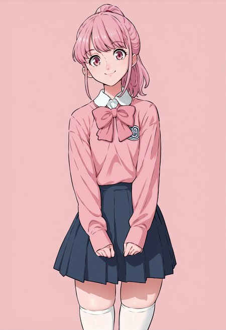 score_9, score_8_up, score_7_up,
 <lora:Dozamura_Style_PonyXL:1> d0z0mur4_sknsfw,
1girl, solo, 
standing, 
looking at viewer, happy, closed mouth, 
pink hair, ponytail, pink eyes, 
school uniform, bow, long sleeves, 
skirt, skindentation, thighhighs, 
pink background, simple background,